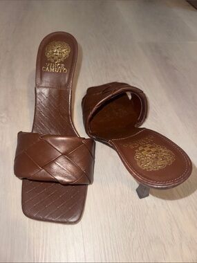Vince Camuto Brelanie Brown Woven-Leather Square-Toe Slide Heels
